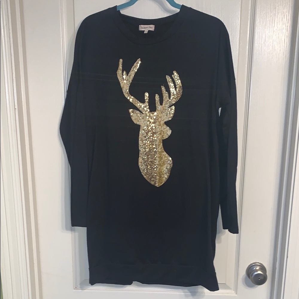 Black Sweater with Gold Sequin Deer
